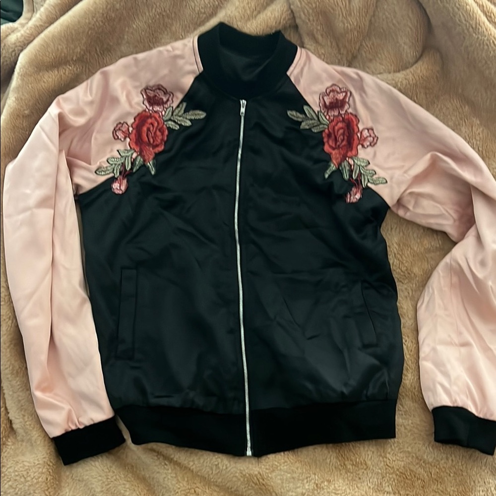 Floral Embroidered Black and Pink Bomber Jacket